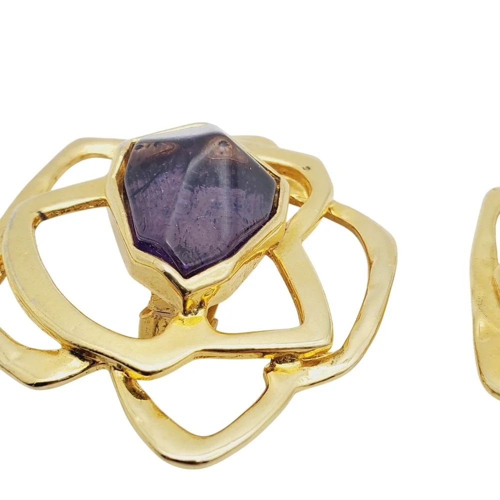 Huge‎ Clip On Earrings Gold Tone Amethyst Purple Acrylic Stone Runway Modernist